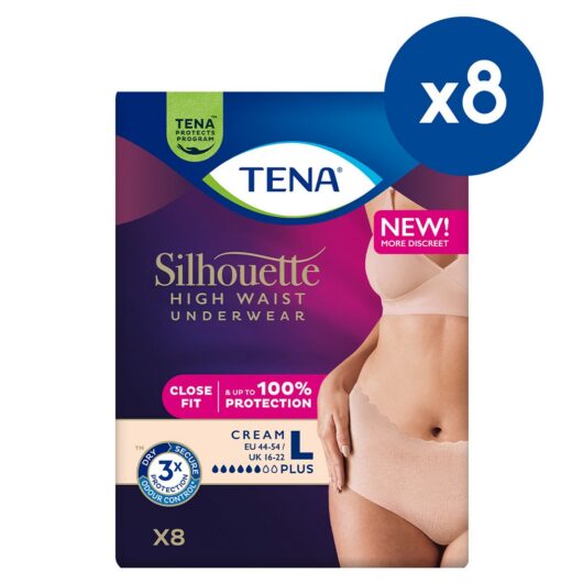 Tena Silhouette Pants Plus Large High Waist Cream 8S 8 Pack Bundle