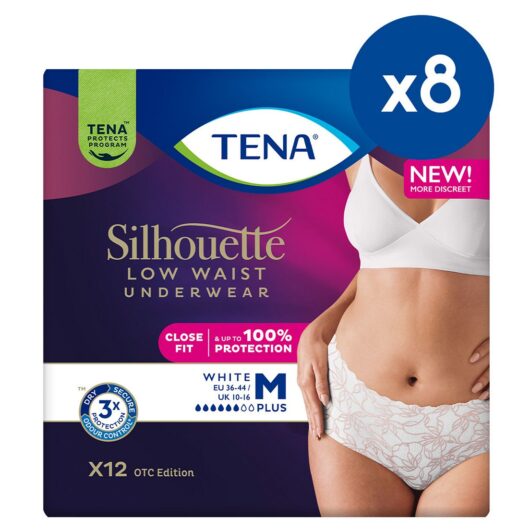 Tena Silhouette Pants Plus Medium Low Waist White 12S 8 Pack Bundle